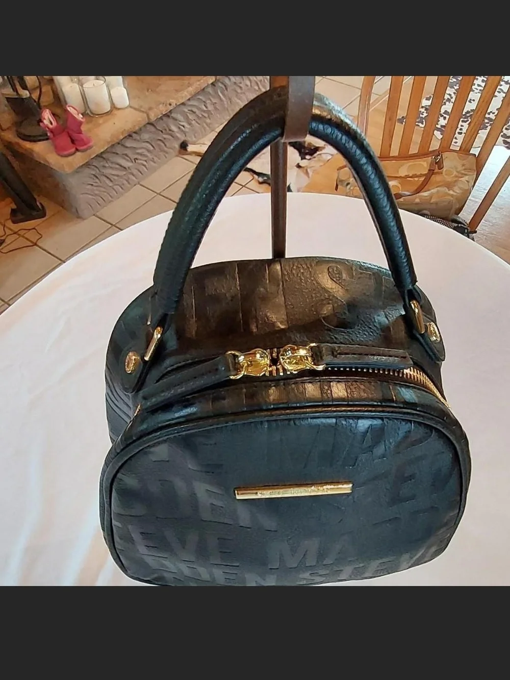 Steve Madden Black Monogram Mini Backpack Purse Gold Hardware Like New condition